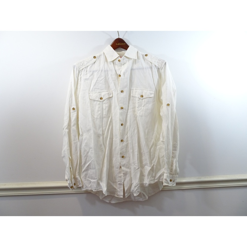 Brooks Brothers Mens L Irish Linen Safari Shirt White Epaulets Roll Tab Sleeve